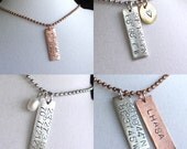 GPS Coordinates Pendant .. Hand Stamped stylish antiqued charm .. long rectangle pendant in copper, silver or gold .. buy chain separately