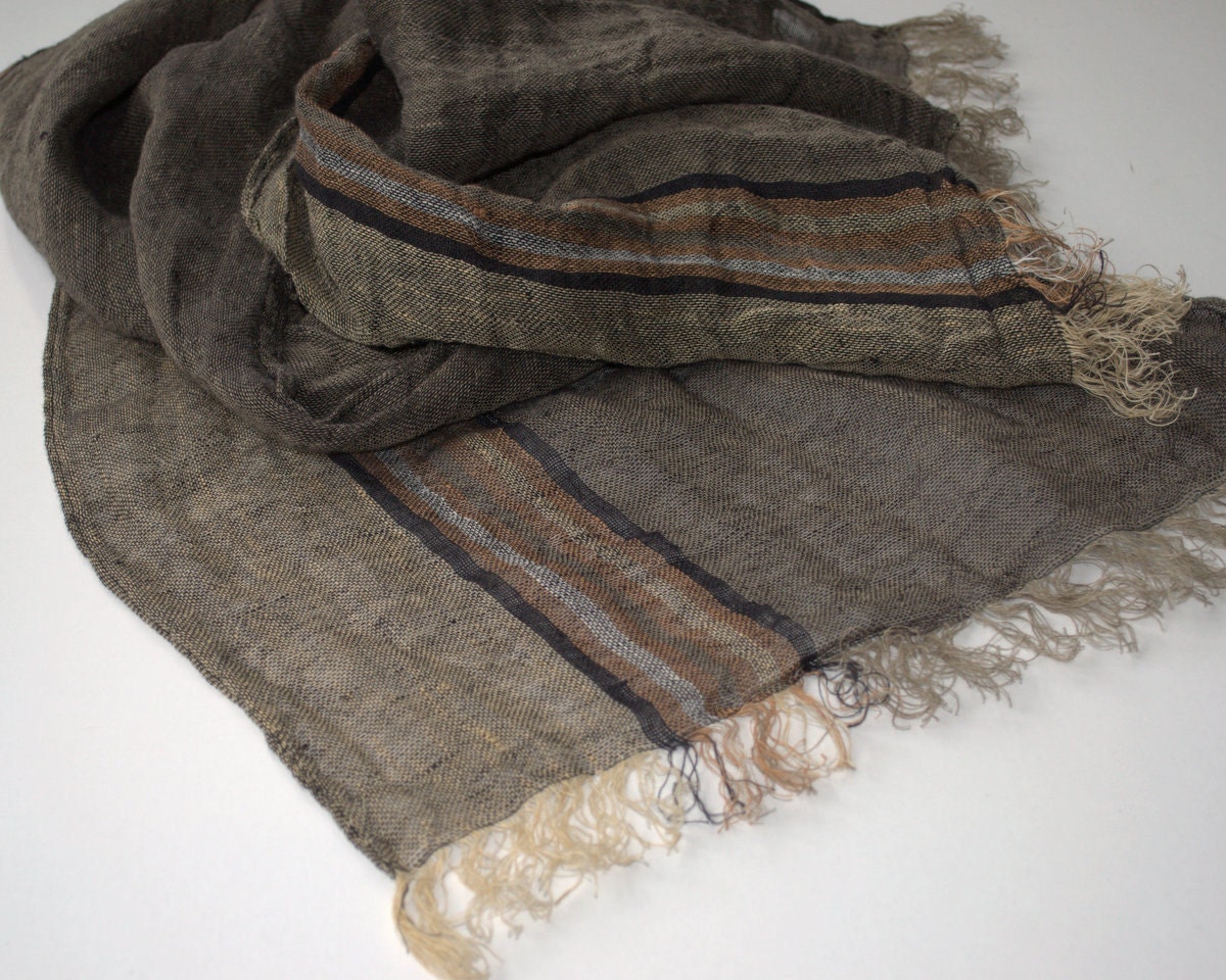 Scarf women men natural linen grey brown shade stripped summer fashion Eco friendly