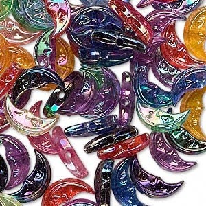 Bead mix, acrylic, multi-colored with transparent iridescent rainbow finish, 12x5x3.5mm crescent moon