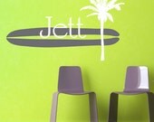 Surfboard and Palm Tree with Custom Name Wall Decal - Children's Bedroom Boy Vinyl Wall Art Sticker - Beach Ocean - CM130A