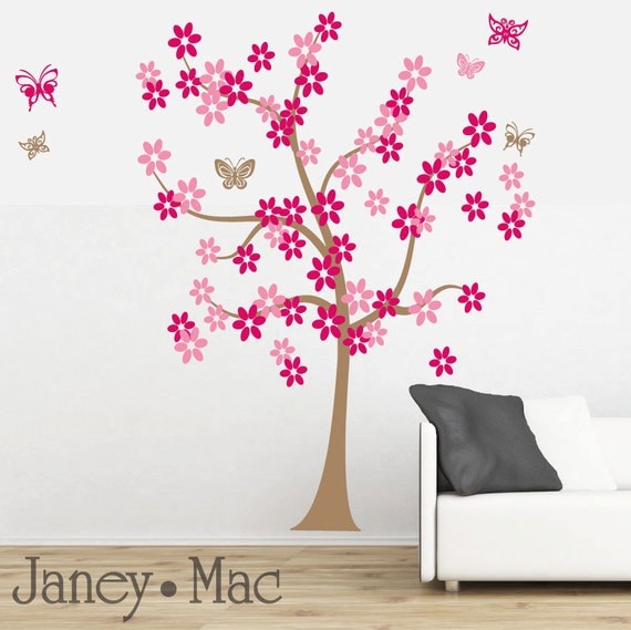 Children's Flower Tree Wall Decal with Butterflies - Daisy Flowers - Kids Bedroom Nursery - Girl Wall Decor - CT103 - G