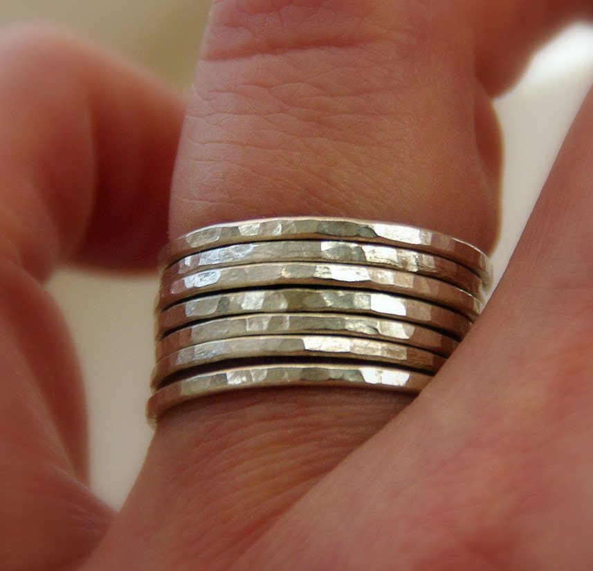 Set of 7 sterling silver stackable rings, hammered textured shiny ...