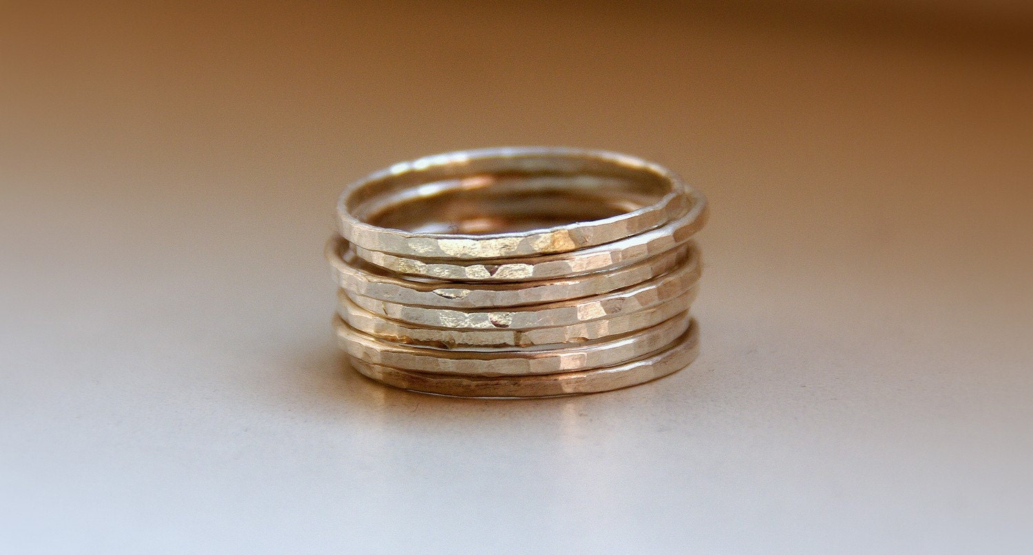 Set of 7 sterling silver stackable rings, hammered textured shiny bands, Made to order in your size