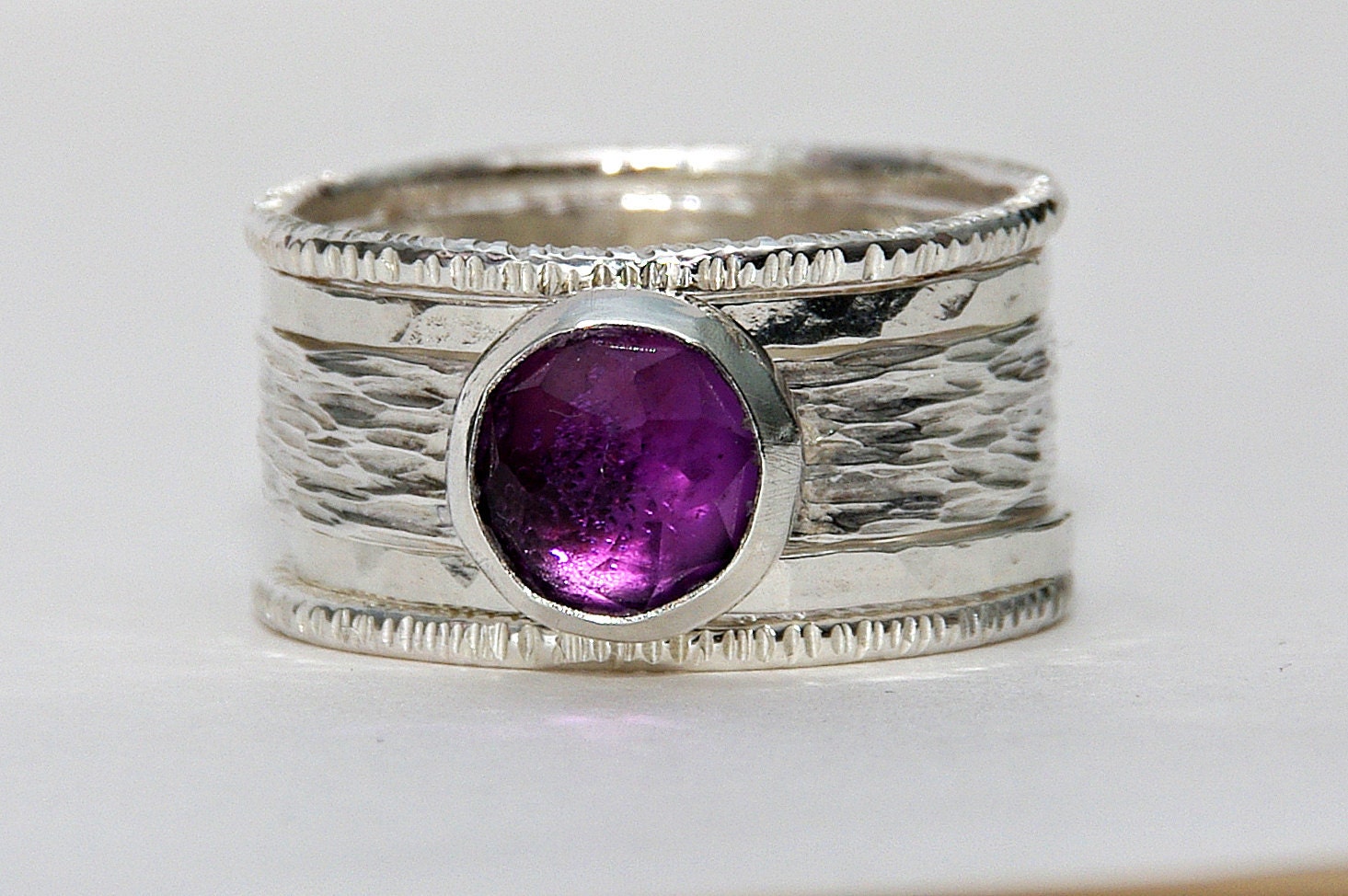 Unique Amethyst rustic, earthy, hammered recycled sterling silver stackable wedding ring set, engagement bands February Birthstone Rings