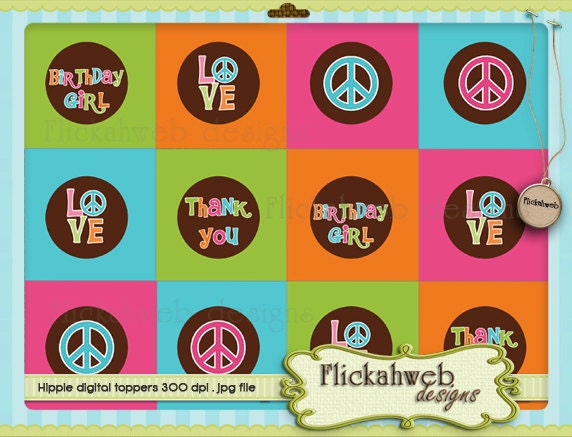 DIY printable hippie toppers or circles for cupcakes, Tags, Stickers green