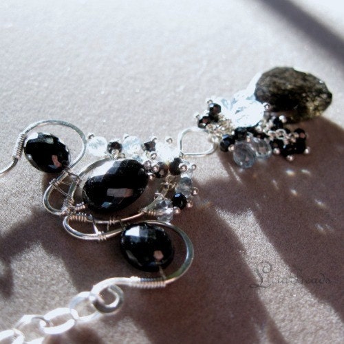 Wire wrapped gemstone necklace  Blue Topaz, Black Spinel, Tourmalinated Quartz on sterling silver