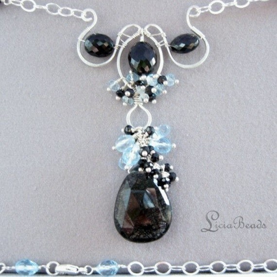 Wire wrapped gemstone necklace  Blue Topaz, Black Spinel, Tourmalinated Quartz on sterling silver