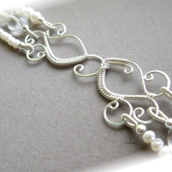 Three strand layered freshwater pearl and gemstone necklace with Quartz nuggets and sterling silver