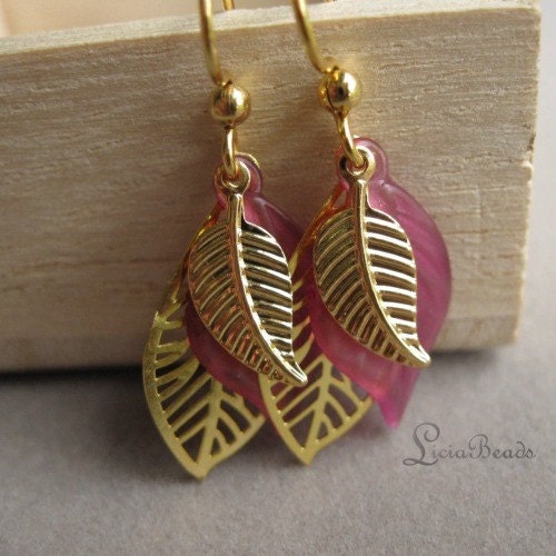 Summer Wine - Berry pink leaf earrings