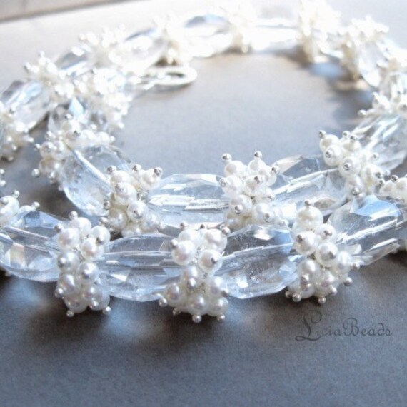 In pearls - Chunky Gemstone Statement necklace with quartz and freshwater pearl clusters
