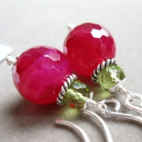 Duets - Peridot and hot pink Chalcedony gemstone earrings on sterling silver