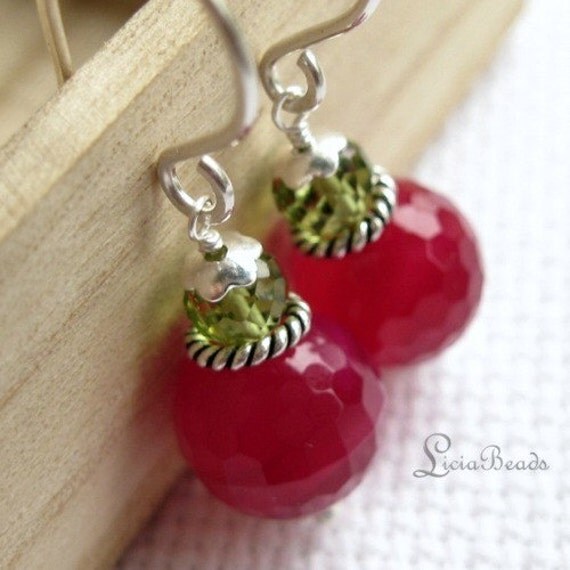 Duets - Peridot and hot pink Chalcedony gemstone earrings on sterling silver