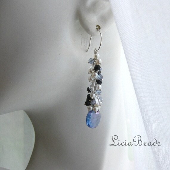 Gemstone dangle earrings with cluster of freshwater pearls, black spinel and blue quartz
