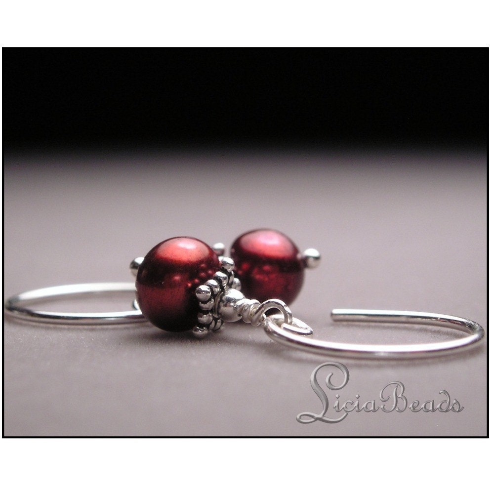 Burgundy - Pearl and sterling earrings