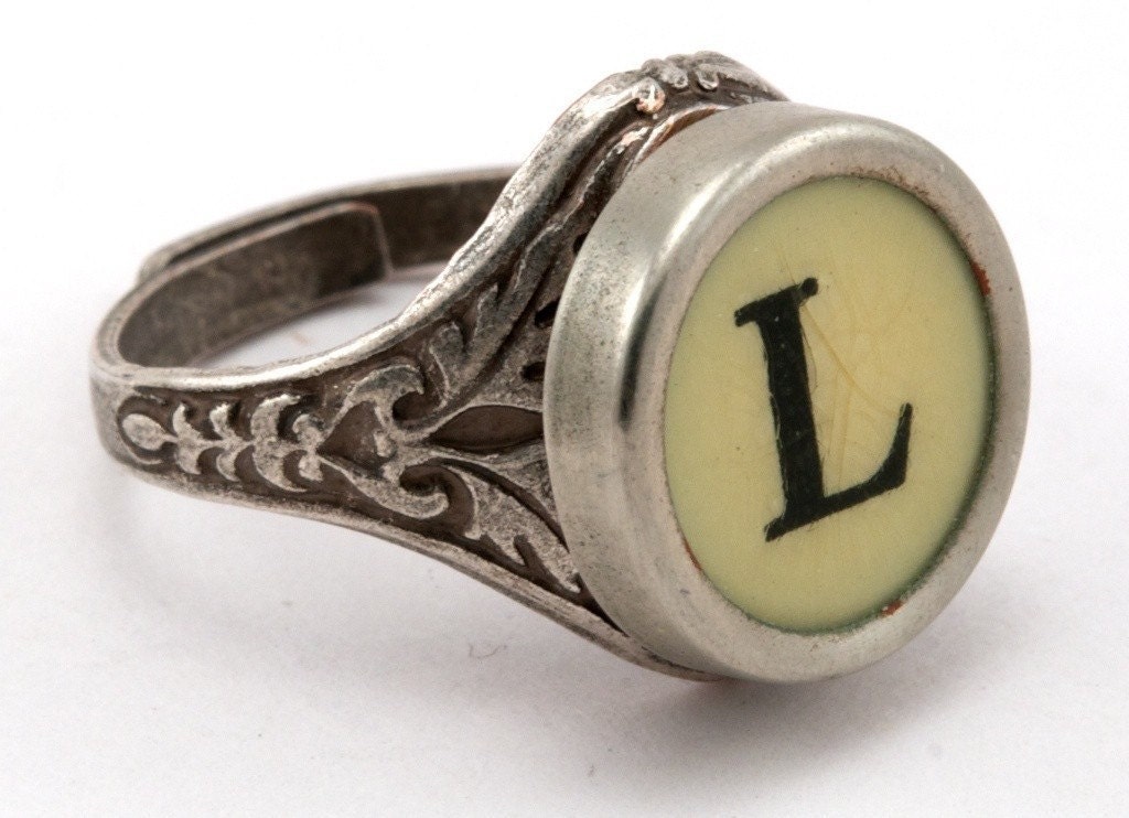 Typewriter Key Ring - Initial Letter L - Vintage Black or White Keys - Fully Adjustable