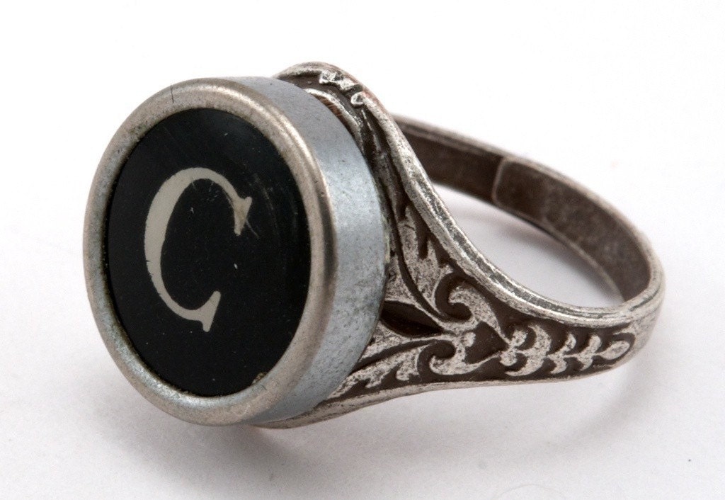 Initial Letter C Antique Typewriter Oak Leaf Ring - Black or White Keys - Fully Adjustable - Jewelry Box
