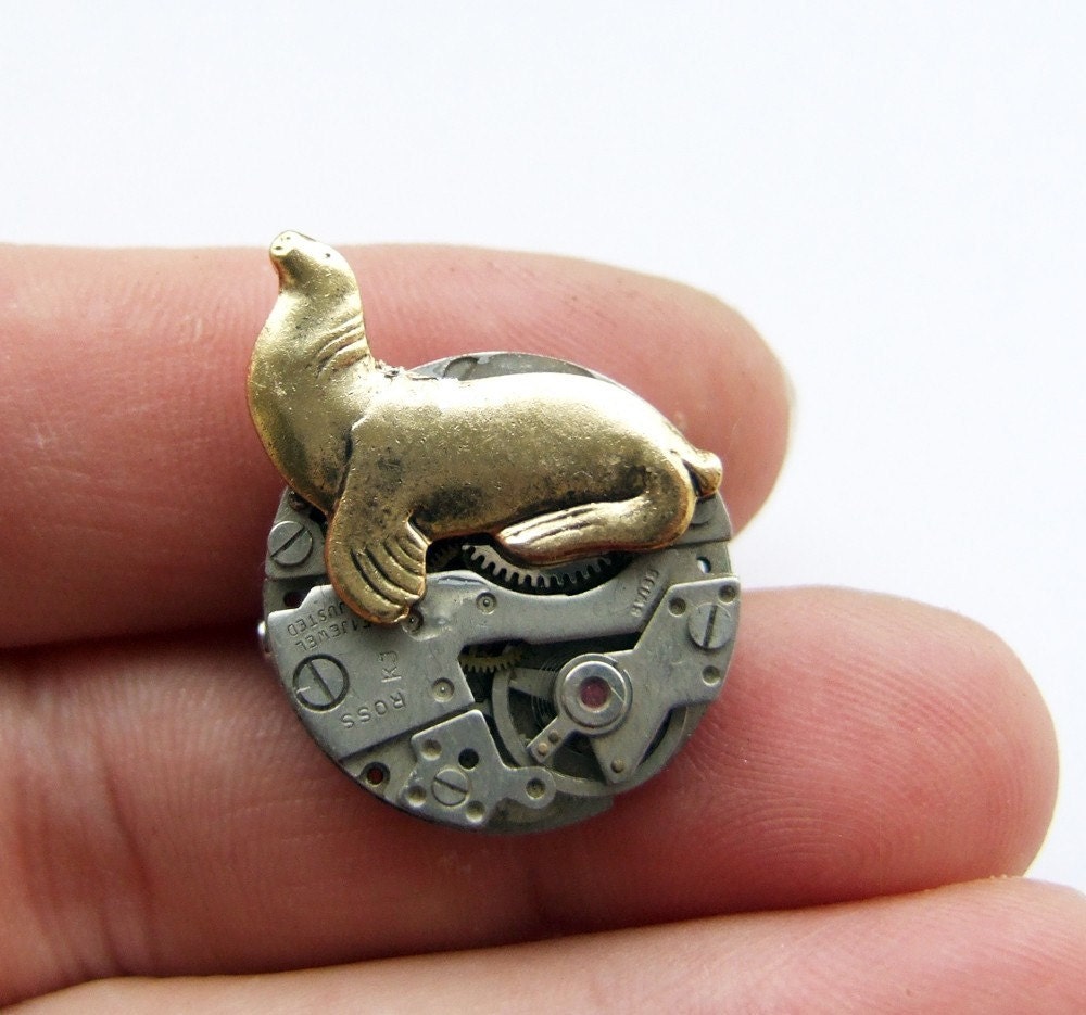 clockwork sea lion steampunk brooch