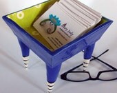 Colorful square ceramic Dish on tall striped whimsical legs, office decor
