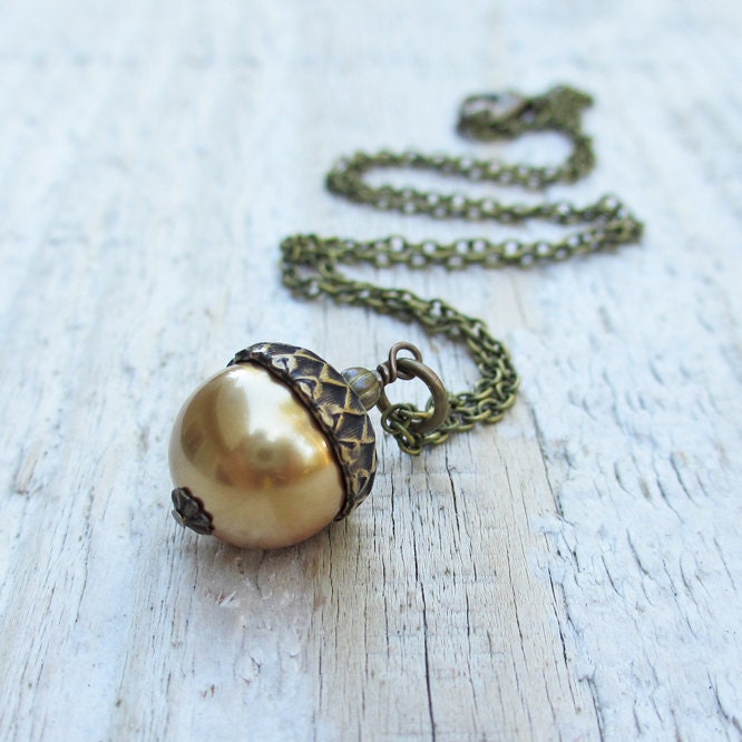 Pearl Acorn Necklace -  Swarovski Crystal Pearl, Brass Chain, Bright Gold, Woodland - BeadinByTheSea