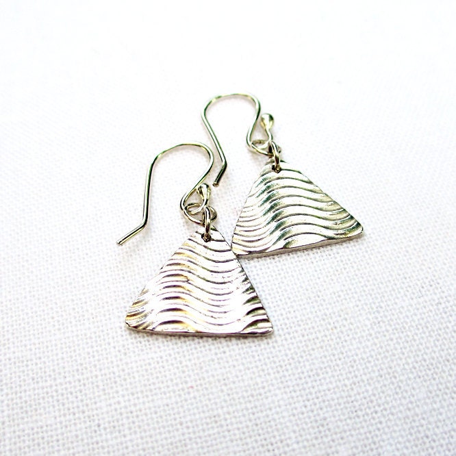 Silver Triangle Dangle Earrings - Sterling Silver, Fine Silver, Wavy Print, Pyramid, Geometric, Artisan Jewelry - BeadinByTheSea