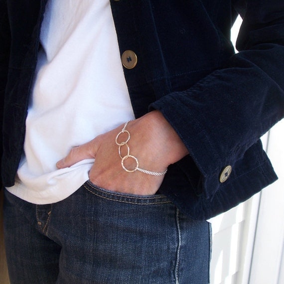 Silver Chain Bracelet, Hammered Circles, Fine Silver, Sterling Silver, Triple Rings, Infinity 3