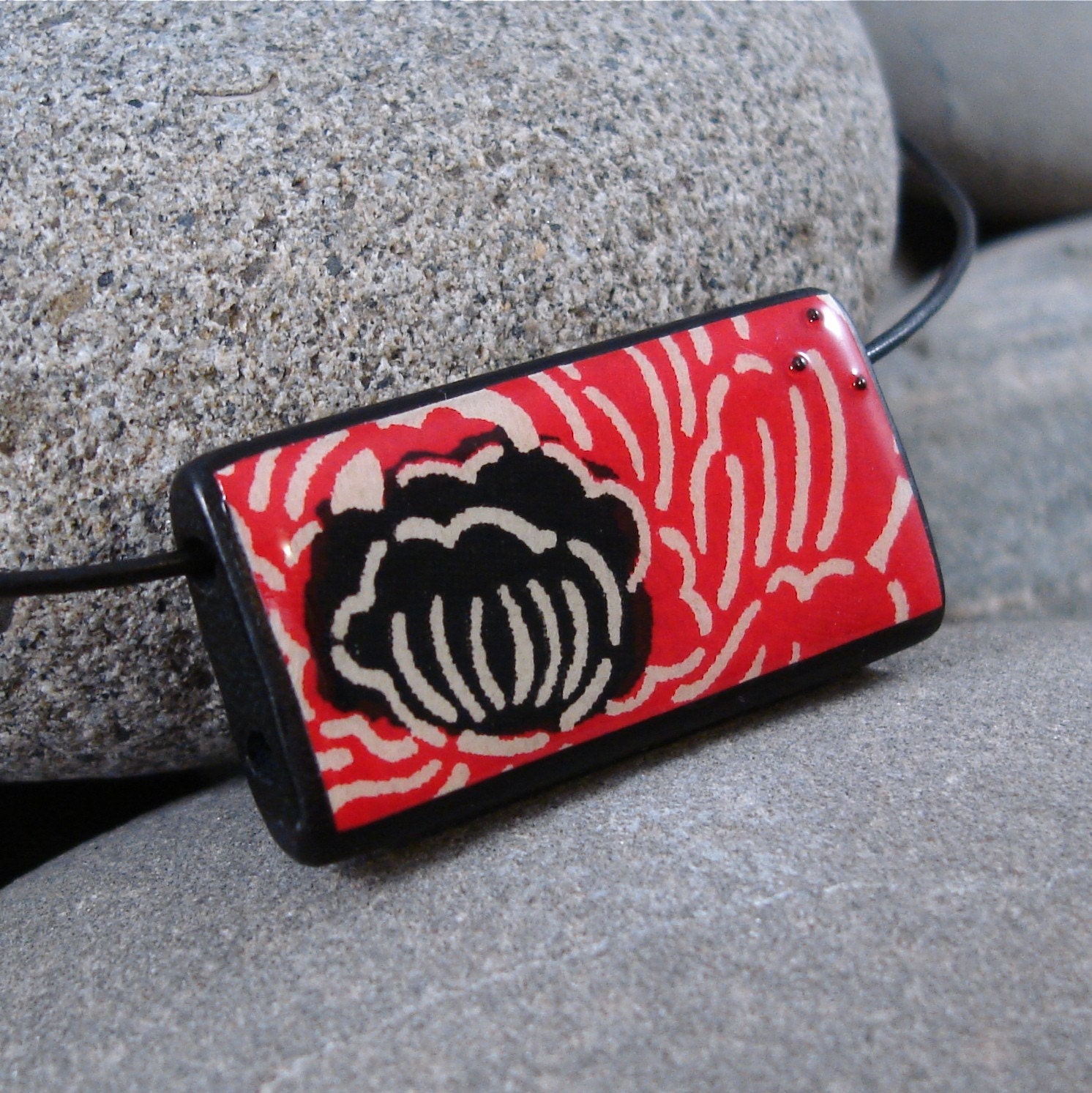 Black Bloom - A Bamboo Tile Necklace on a leather cord