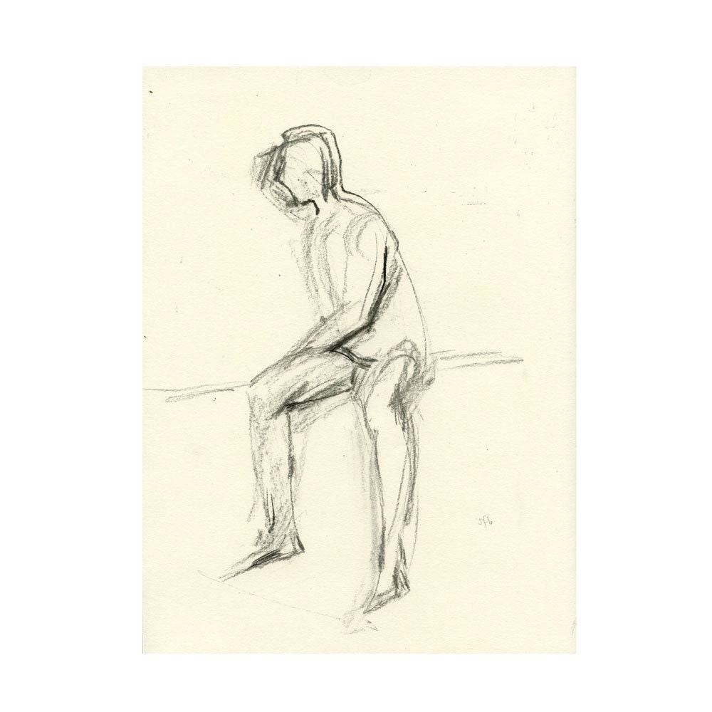 Original Charcoal Figure Life Drawing Male Nude Gesture Sketch - Patrick, Seated