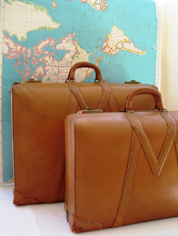 FREE SHIPPING Vintage Leather Luggage, Pristine Inside
