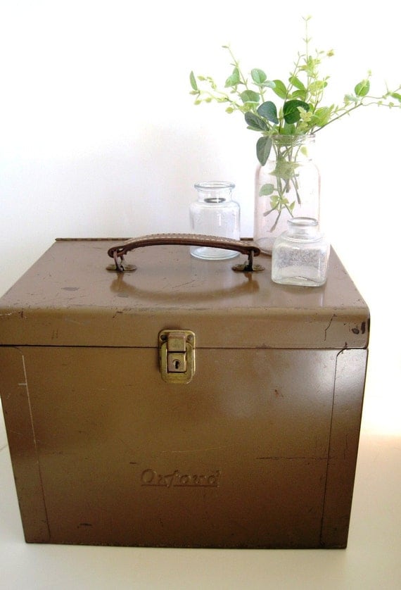 Large Vintage Metal File Box with Leather Handle by BirdinHandVTG