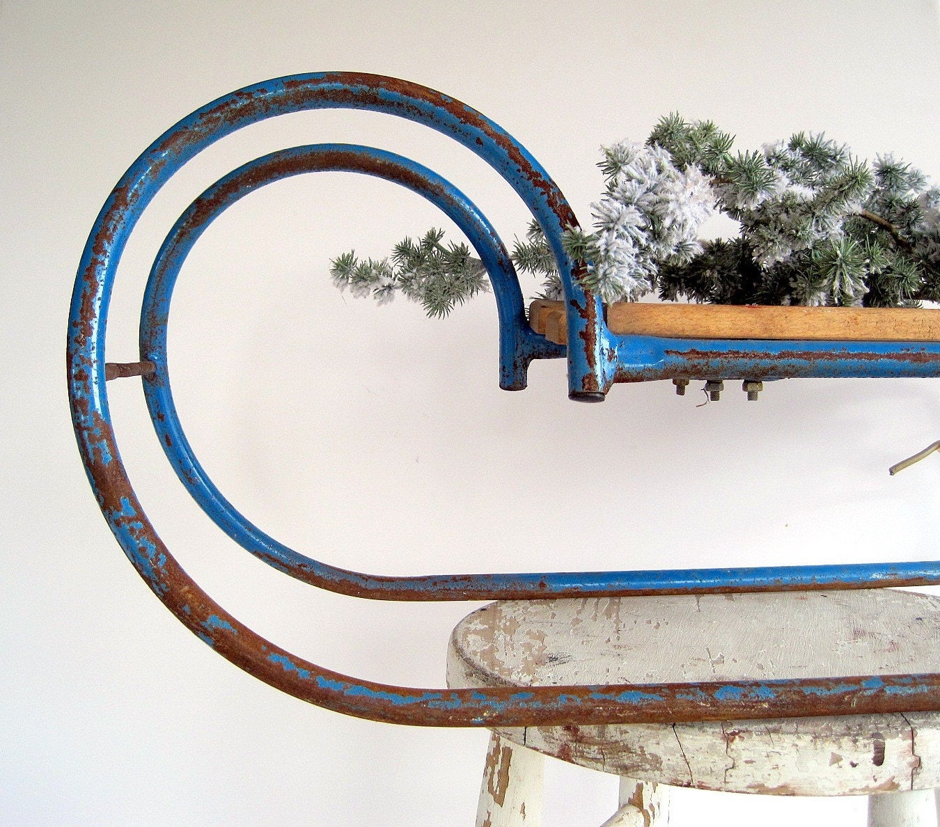 Antique Primitive Blue Metal and Wood Sled Sleigh