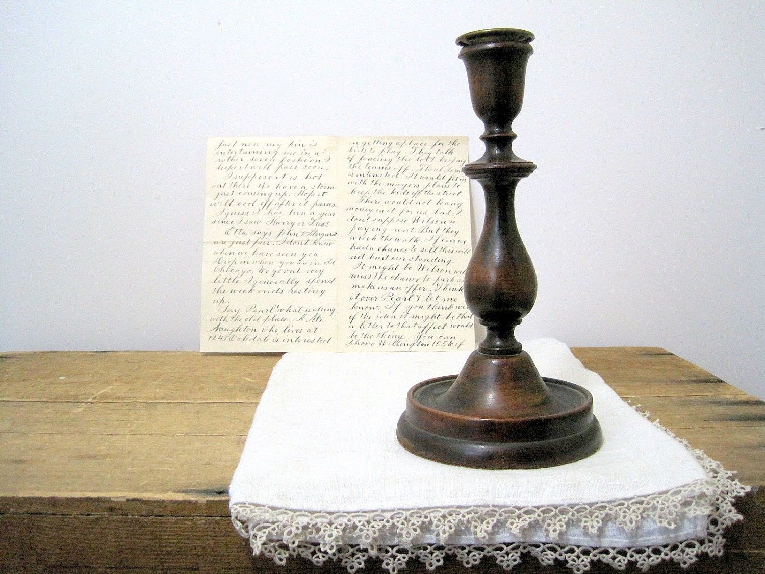 SALE Antique Mahogany Turned Wood Candlestick Brass Insert Farmhouse Chic
