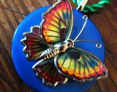Vintage "Rainbow Butterfly" on Blue Button Necklace