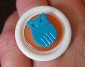 Vintage "Hoot Owl" Button Ring in White, Orange and Turquoise