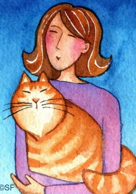 Longhair Ginger Tabby and Cat Lady... Original ACEO Miniature Watercolor Painting