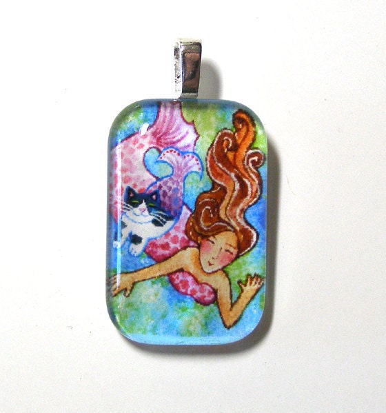SALE... Mermaid Pendant...  Fantasy Wearable Art Jewelry with Cat Fish