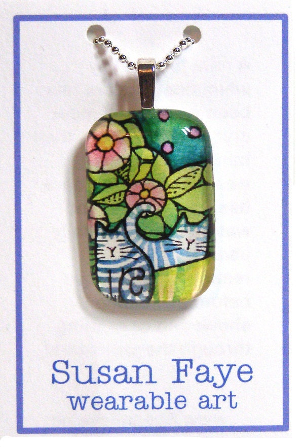 Tabby Cat Kittens Glass Pendant... Handcrafted Wearable Art Jewelry