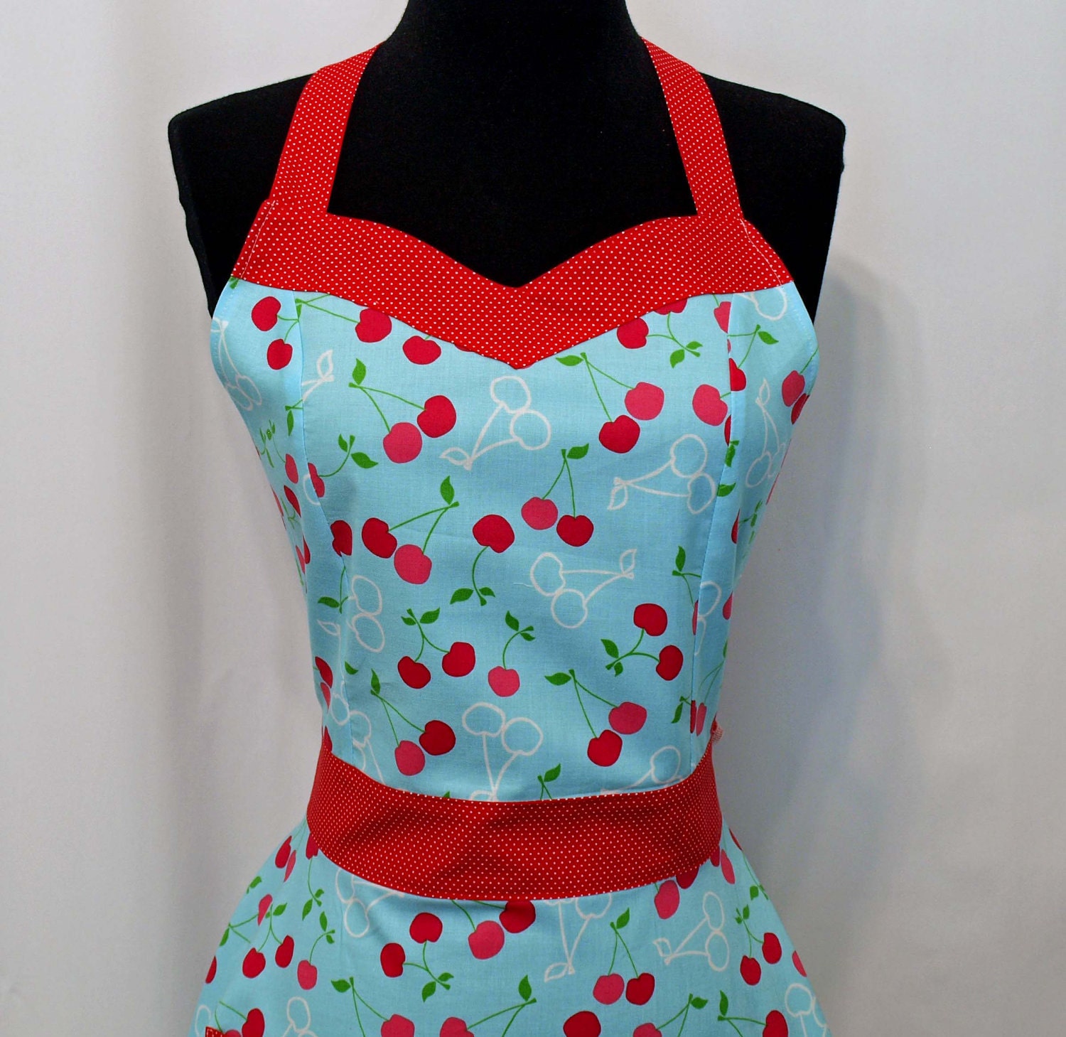 RETRO VINTAGE APRON - Sweetheart Vintage Chic Apron - Aqua Cherries