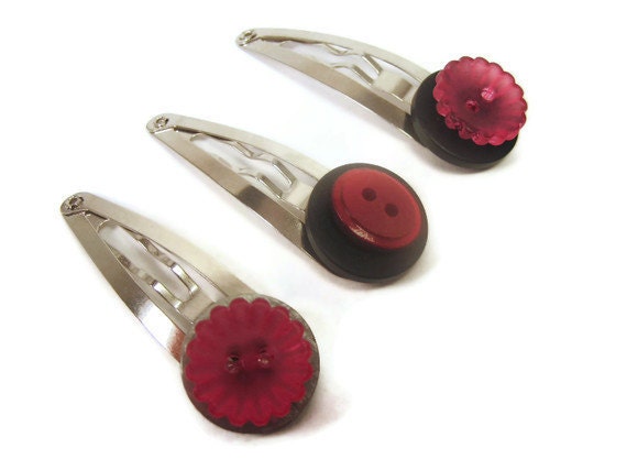 Button Barrettes - Pink, Red, Black - Back to School Gift for Triplets