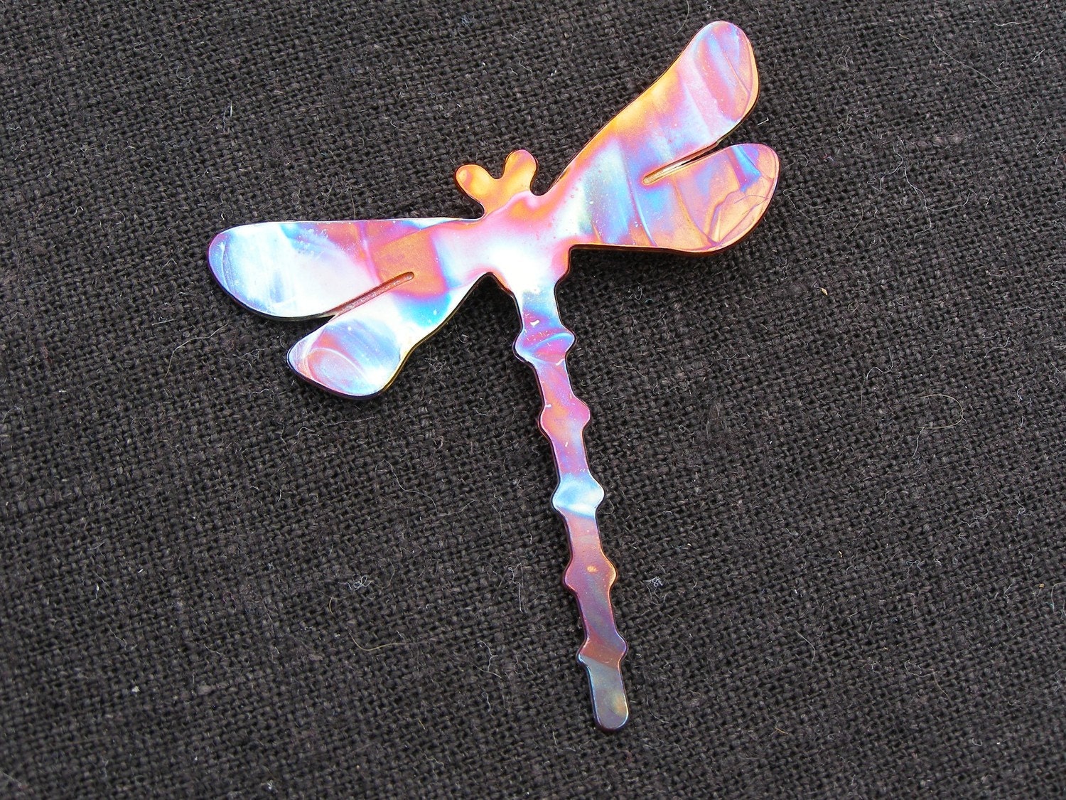 Dragonfly pin or brooch, torch fired copper
