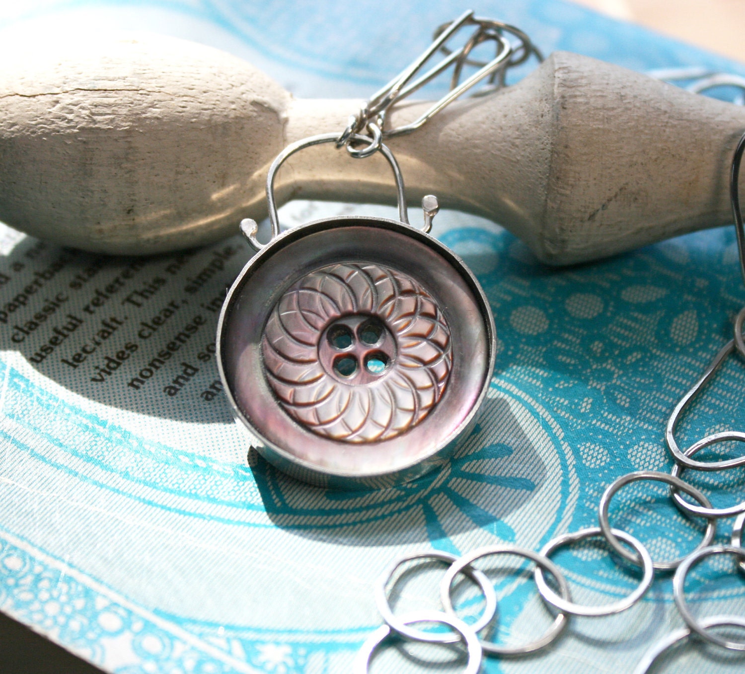 Spirograph Mother of Pearl Button Set in Sterling Silver w Sterling Handmade Chain