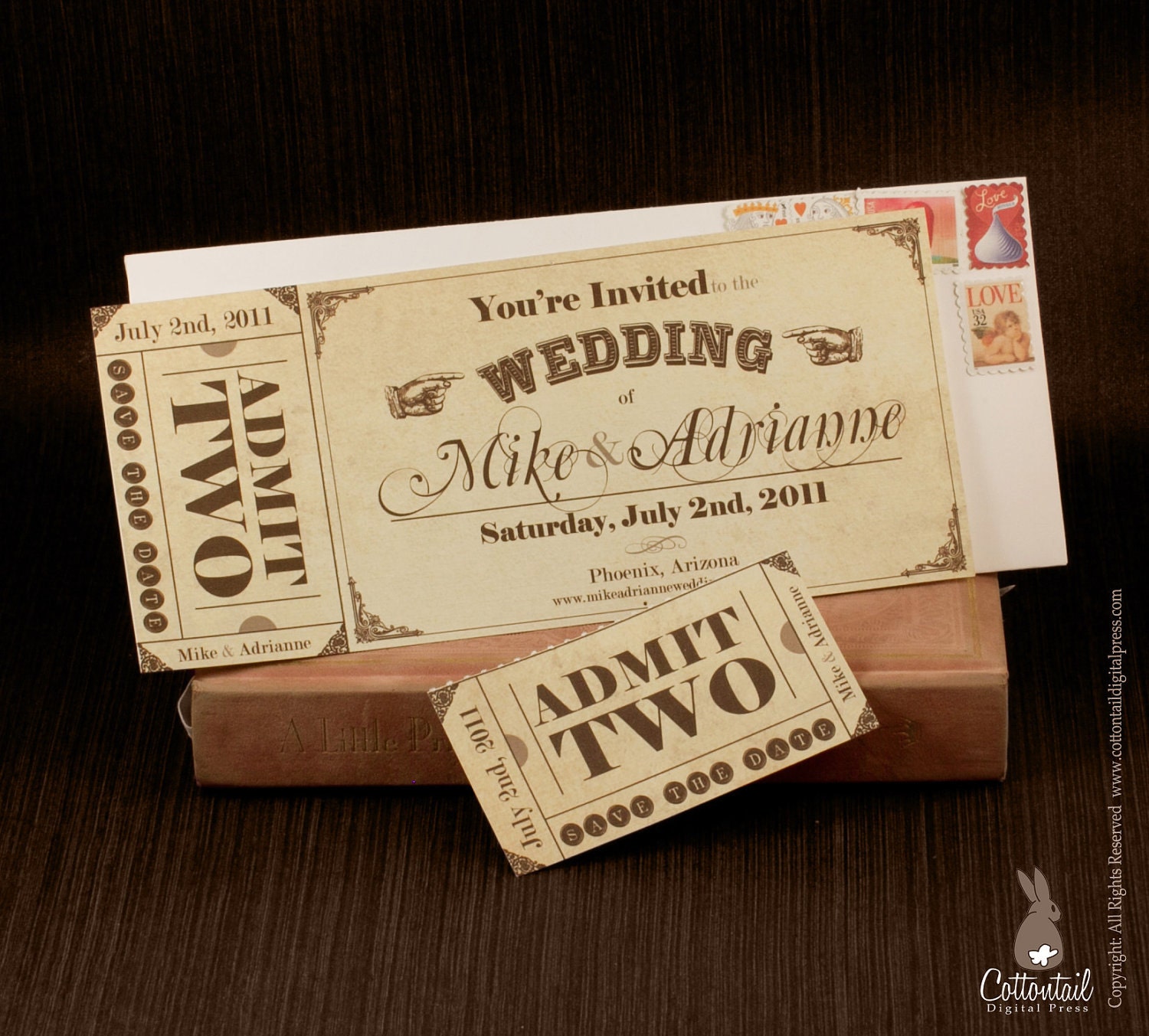 Vintage Ticket Save the Date or Wedding Invitation Set FREE Shipping within the US
