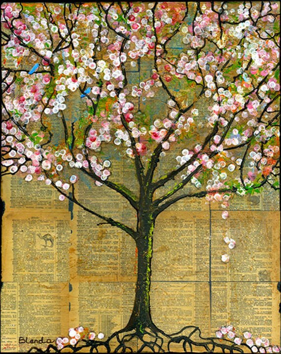 Art Tree Print Large 11X14 Signed Text Words Dictionary Birds
