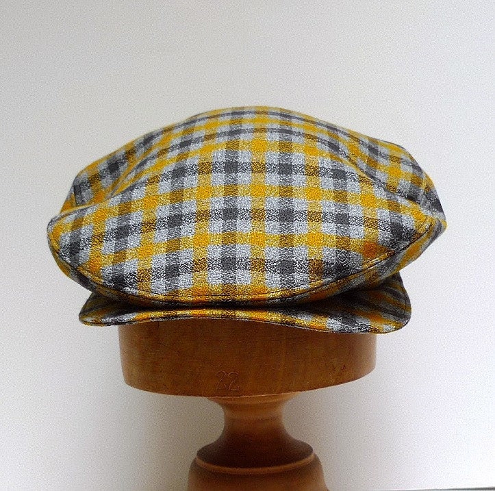 Retro Driving Cap in Mustard and Gray Plaid Vintage Wool - Made to Order in Your Size