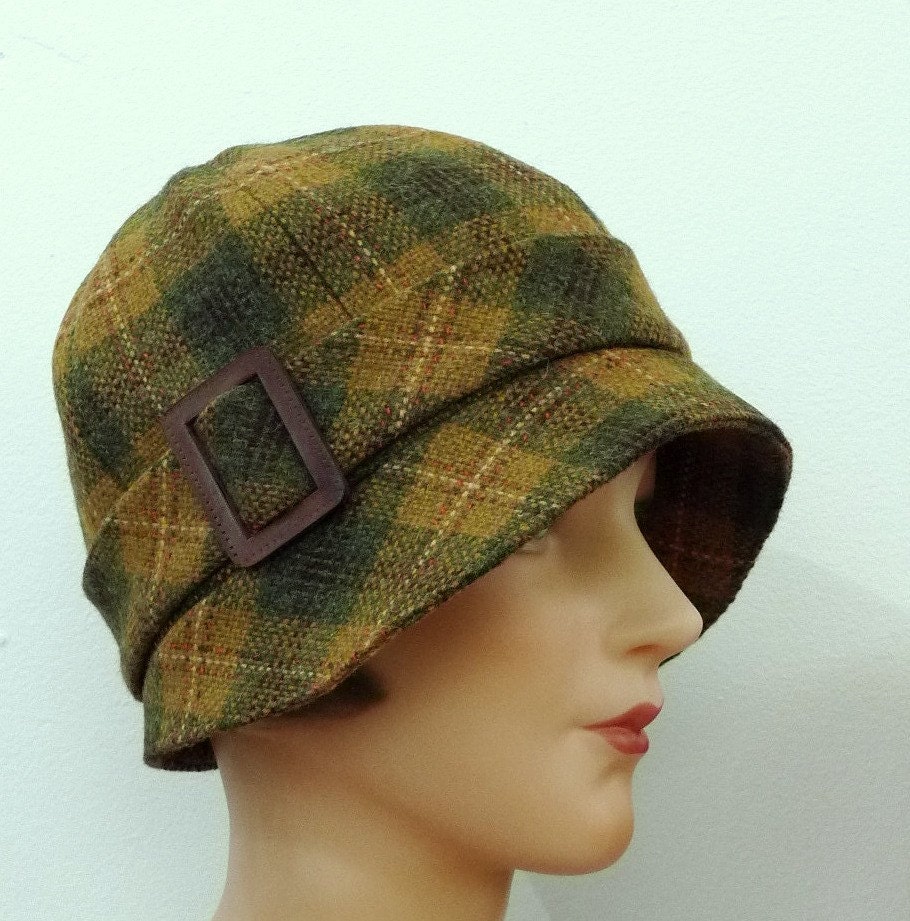 Cloche Hat - Vintage Scottish Wool in Harvest Colors with Leather Buckle - Made to Order