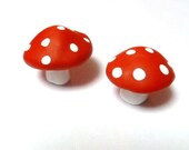 Miniature Mushrooms Set of Two in Red with White Polka Dots Perfect for Terrarium or Planter