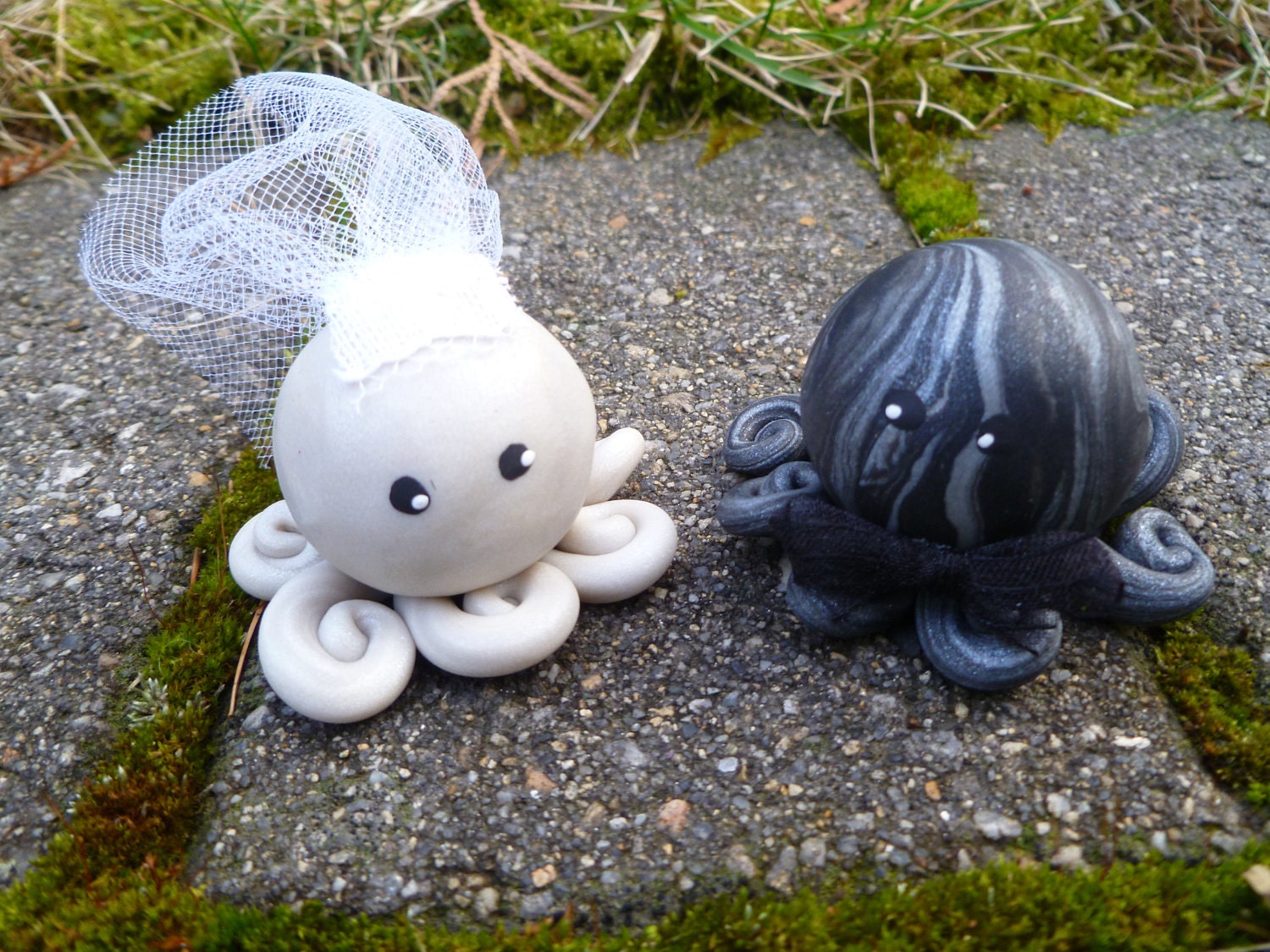 Octopus Wedding Couple Cake Topper Mini Marble Friends Set of Two in Icy Pearl and Black and Silver Swirl Bride and Groom