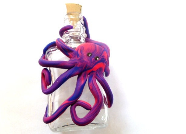 Miniature Upcycled Corked Glass Jar With Hand Sculpted Clay Octopus Wrap in Hot Pink and Royal Blue Swirl