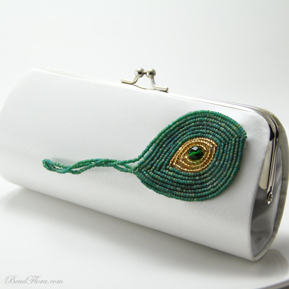 clutch, white satin, beaded Peacock feather clutch - weddings, bridesmaids, prom-- member of the artisan group