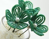peacock green beaded flower u shape hair pins, French beaded
