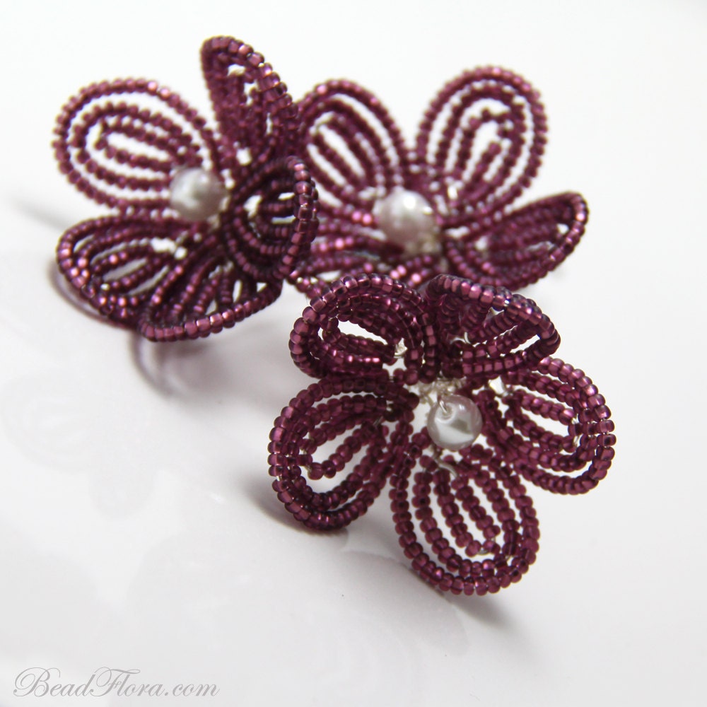 flower girl beaded flower hair pins plum flower by BeadFloraJewels